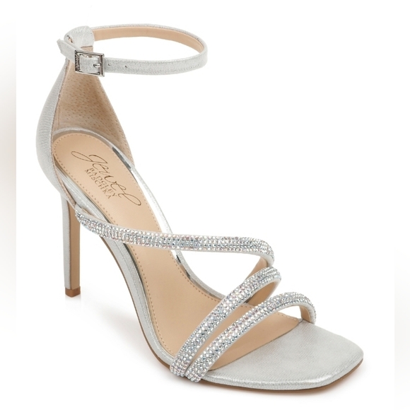 Jewel Badgley Mischka Strappy Stilhetto Heels WOMENS 7.5 Silver NEW NWT - Picture 1 of 13